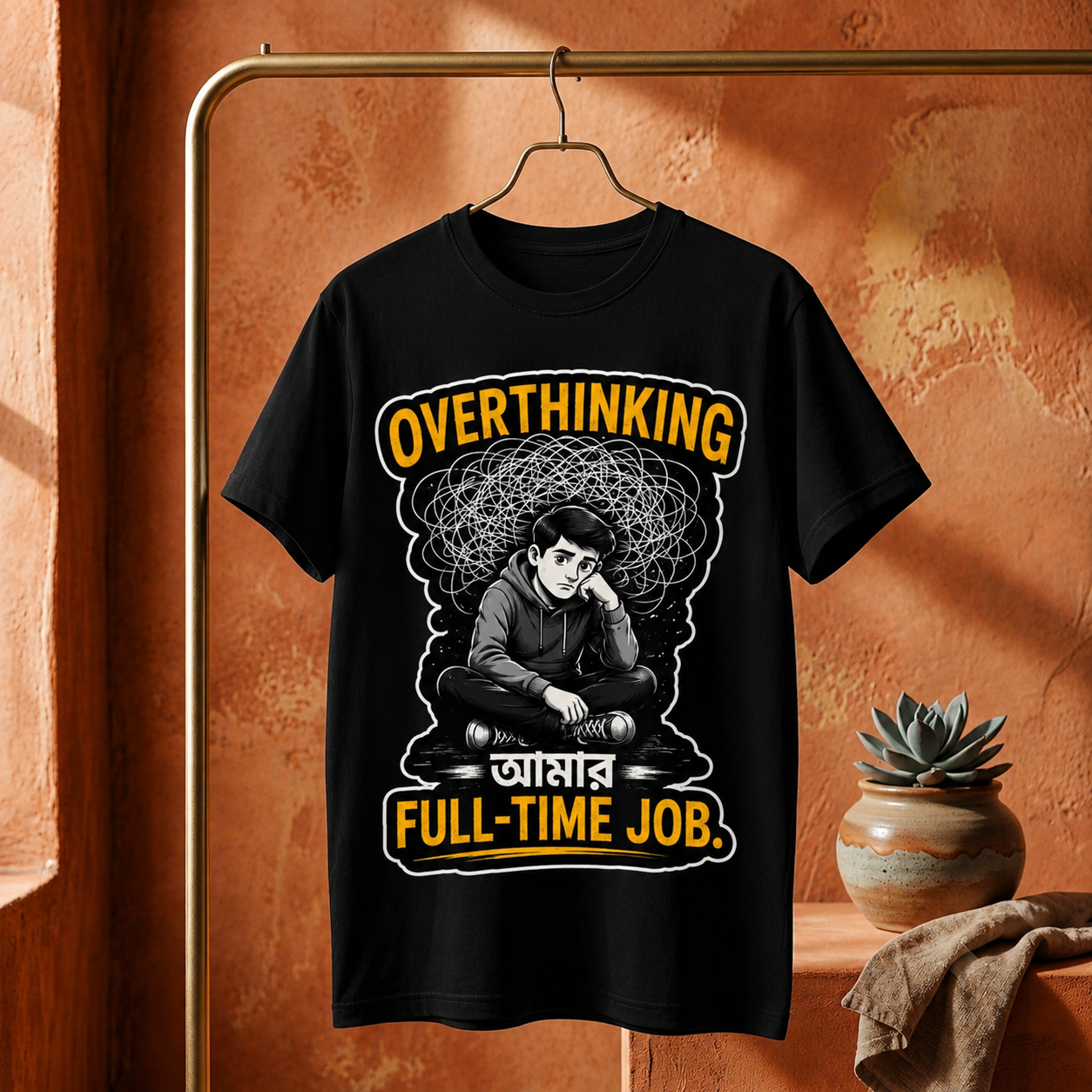 ||Unisex "OVERTHINKING AMAR FULL-TIME JOB" Bengali Typography Printed T-Shirt||