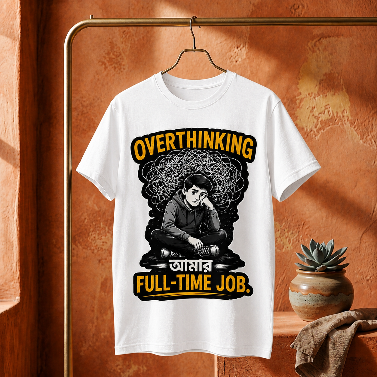 ||Unisex "OVERTHINKING AMAR FULL-TIME JOB" Bengali Typography Printed T-Shirt||