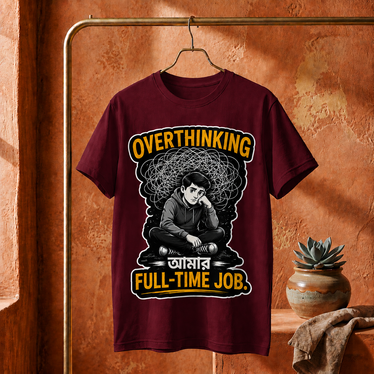 ||Unisex "OVERTHINKING AMAR FULL-TIME JOB" Bengali Typography Printed T-Shirt||