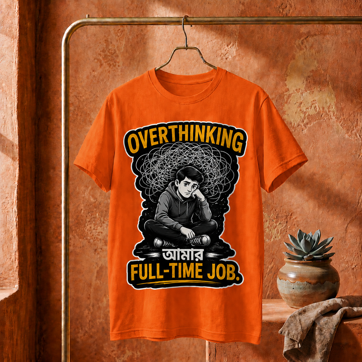 ||Unisex "OVERTHINKING AMAR FULL-TIME JOB" Bengali Typography Printed T-Shirt||