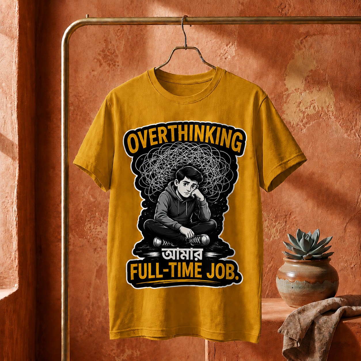||Unisex "OVERTHINKING AMAR FULL-TIME JOB" Bengali Typography Printed T-Shirt||