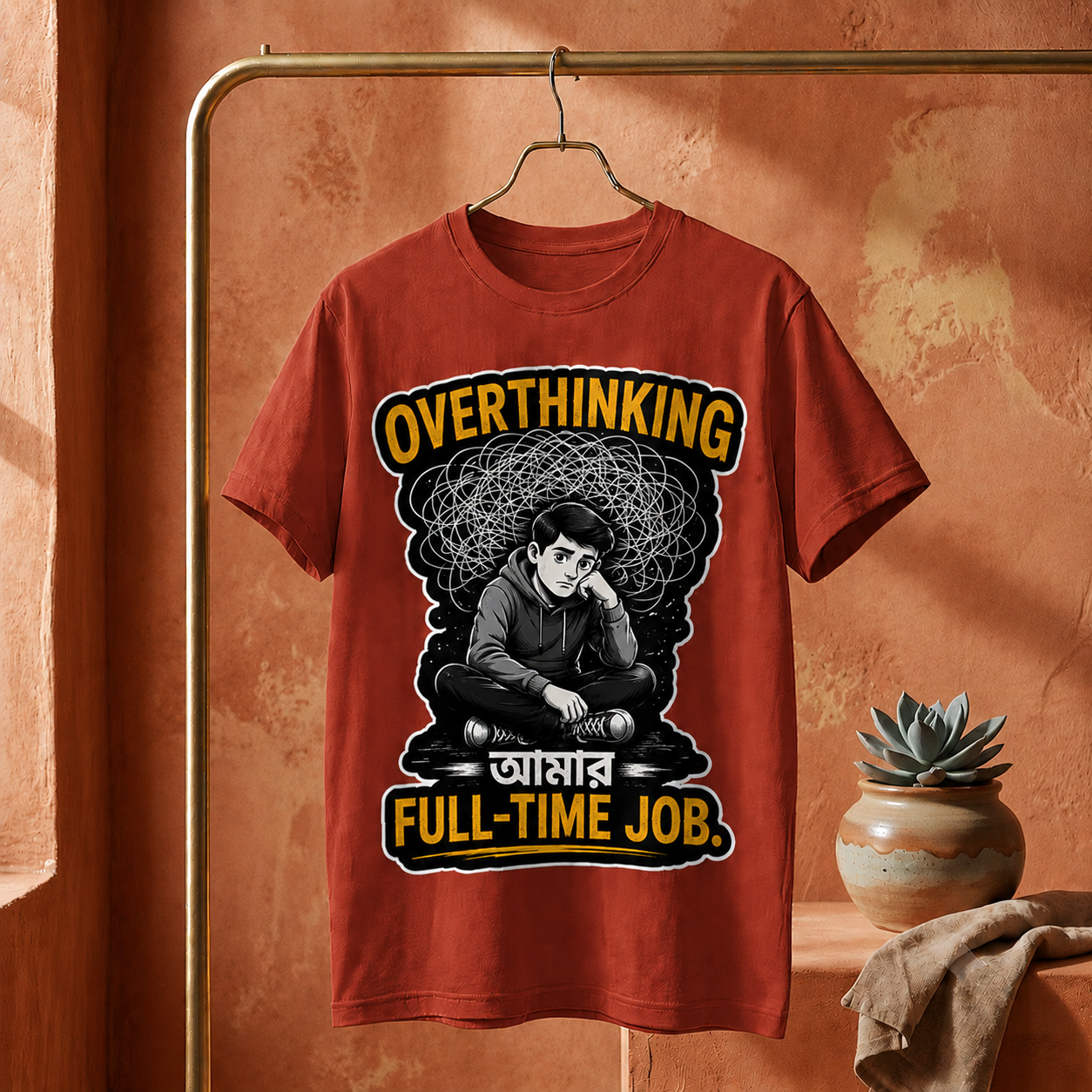 ||Unisex "OVERTHINKING AMAR FULL-TIME JOB" Bengali Typography Printed T-Shirt||