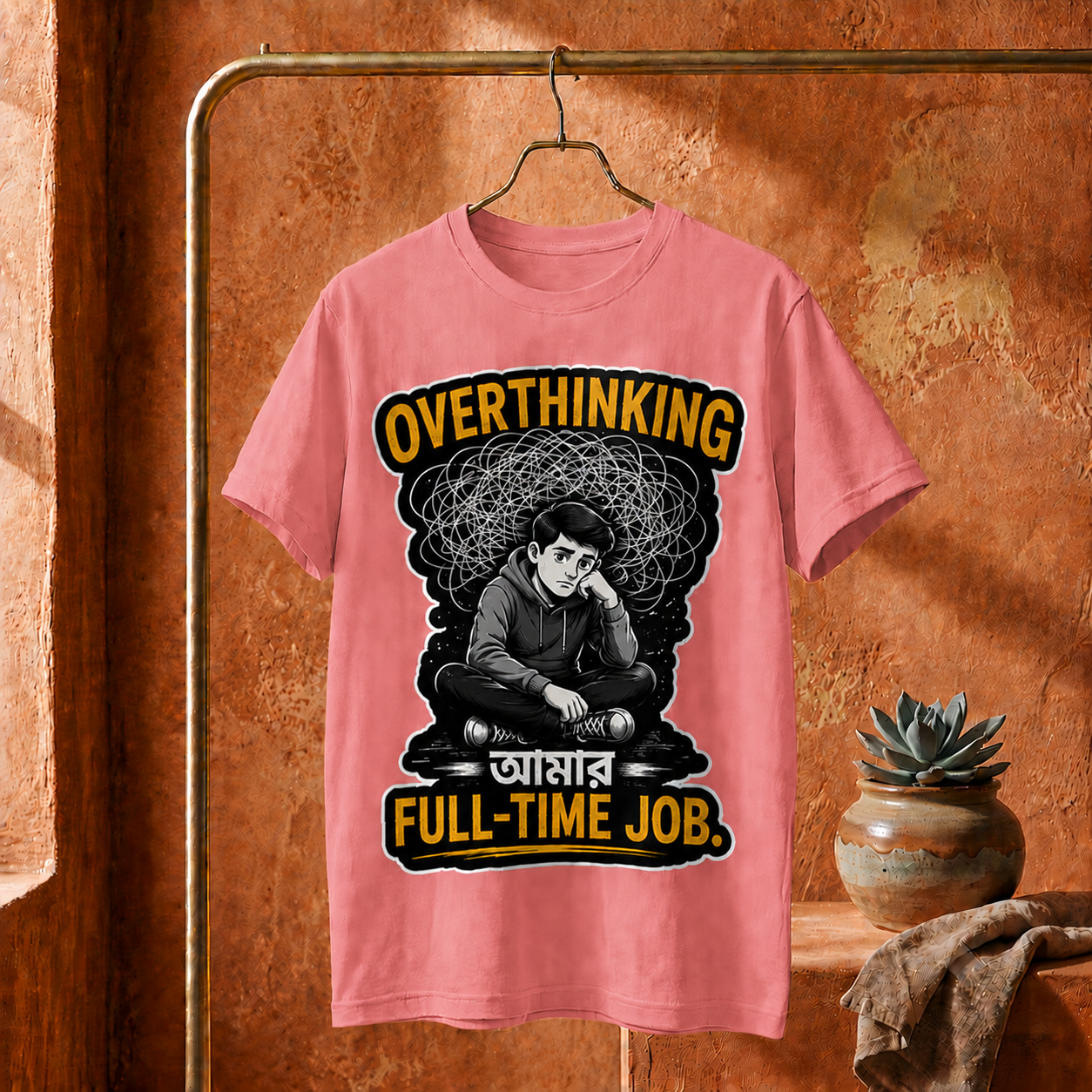||Unisex "OVERTHINKING AMAR FULL-TIME JOB" Bengali Typography Printed T-Shirt||